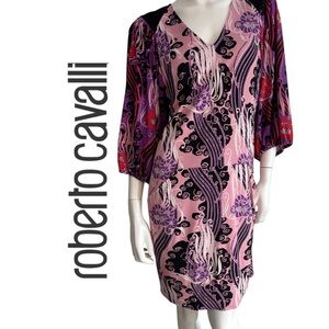 Roberto Cavalli Pink, Black & Purple Printed V-Neck Dress